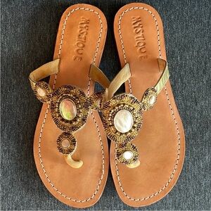Mystique all leather mother of pearl  Tan Beaded Sandals US 7 rare hand made